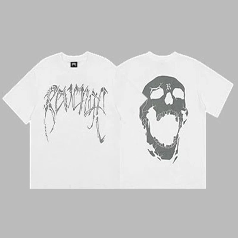 Revenge Arch Logo & Cracked Skull Graphic Short Sleeve T-Shirt White