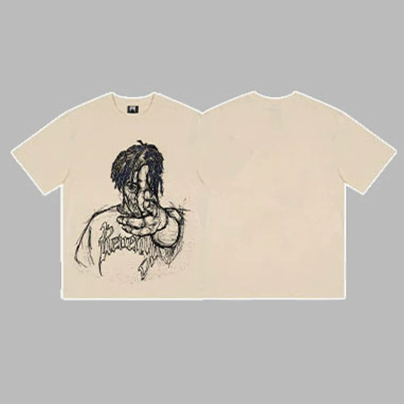 Revenge Pointing Portrait Graphic Short Sleeve T-Shirt Beige