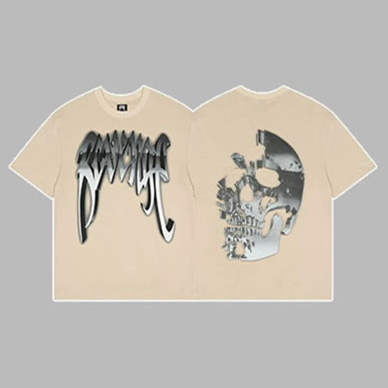 Revenge Silver Metallic Arch Logo & Skull Graphic Short Sleeve T-Shirt (Beige)