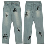 Vlone All-Over "V" Logo Graphic Denim Jeans - Light Wash/Black