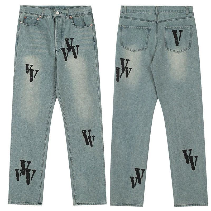 Vlone All-Over "V" Logo Graphic Denim Jeans - Light Wash/Black