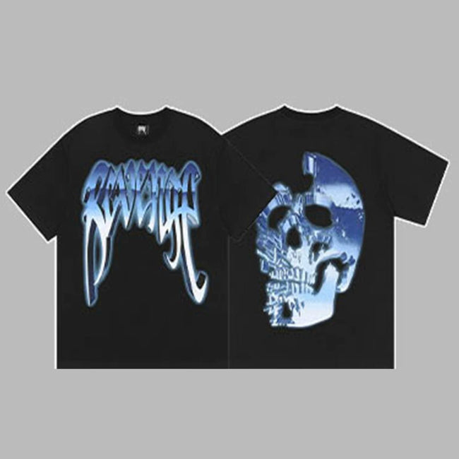 Revenge Silver & Blue Metallic Arch Logo & Skull Graphic Short Sleeve T-Shirt Black Hover Image