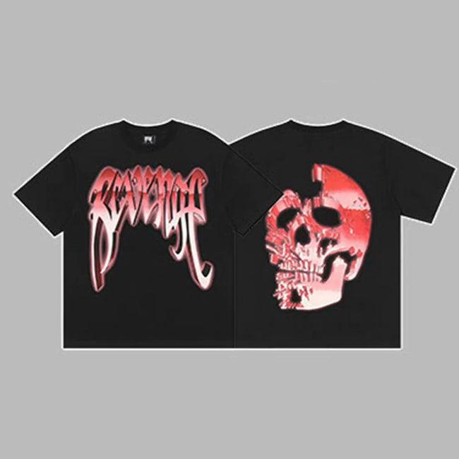 Revenge Red & Silver Gradient Arch Logo & Broken Skull Graphic Short Sleeve T-Shirt Black Hover Image