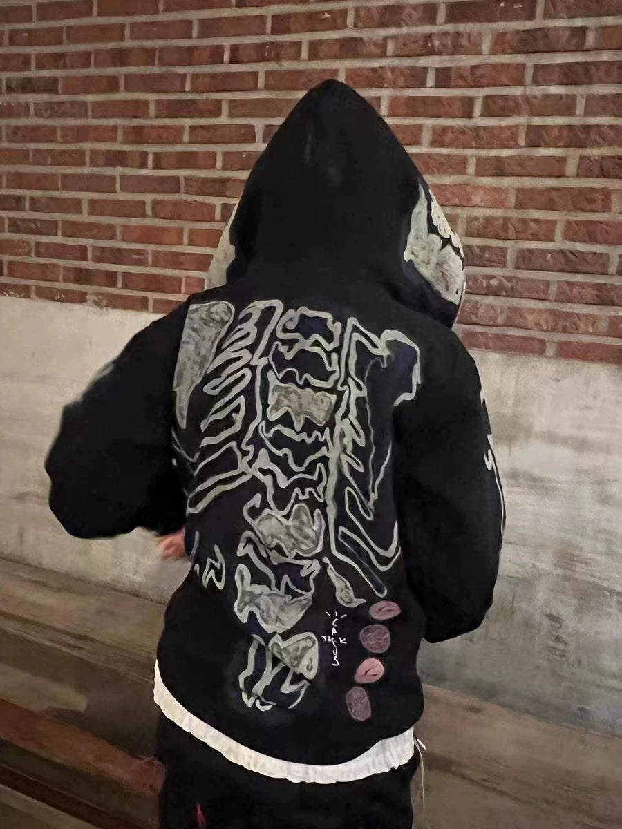 Streetwear Graphic Skeleton Full-Zip Hoodie - Black/Blue
