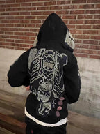 Streetwear Graphic Skeleton Full-Zip Hoodie - Black/Blue