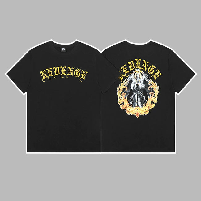 Revenge Yellow Arch Logo & Religious Angel Graphic Short Sleeve T-Shirt (Black) Hover Image