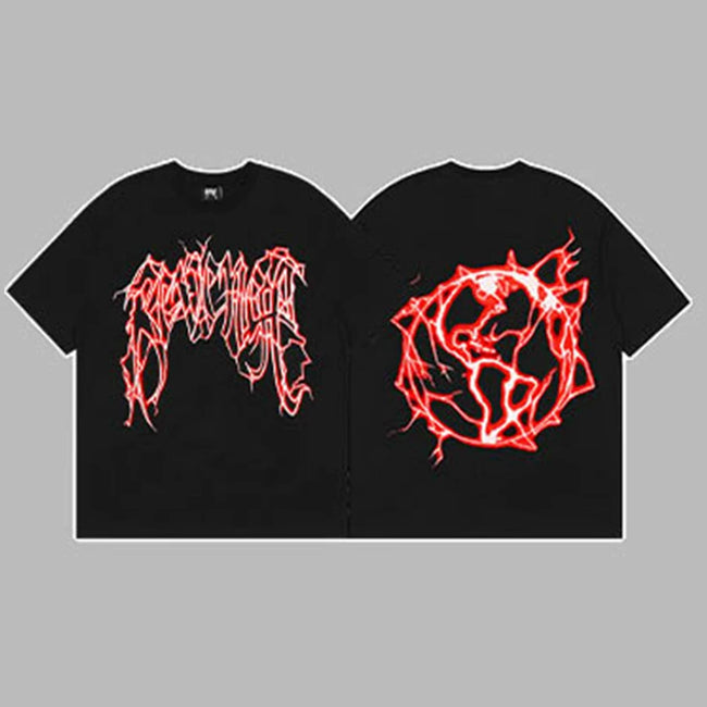 Revenge Arch Logo & Lightning Earth Graphic Short Sleeve T-Shirt (Black / Red) Hover Image