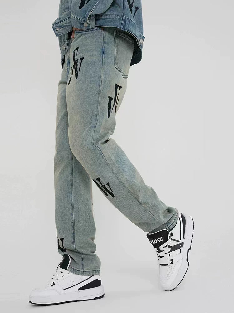 Vlone All-Over "V" Logo Graphic Denim Jeans - Light Wash/Black