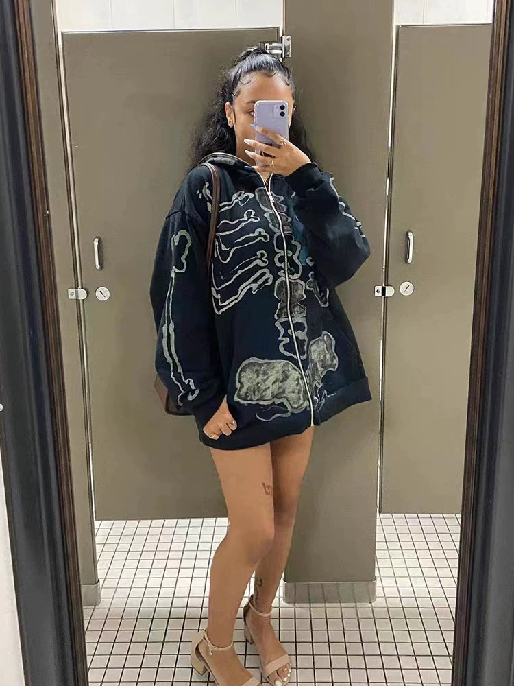 Streetwear Graphic Skeleton Full-Zip Hoodie - Black/Blue