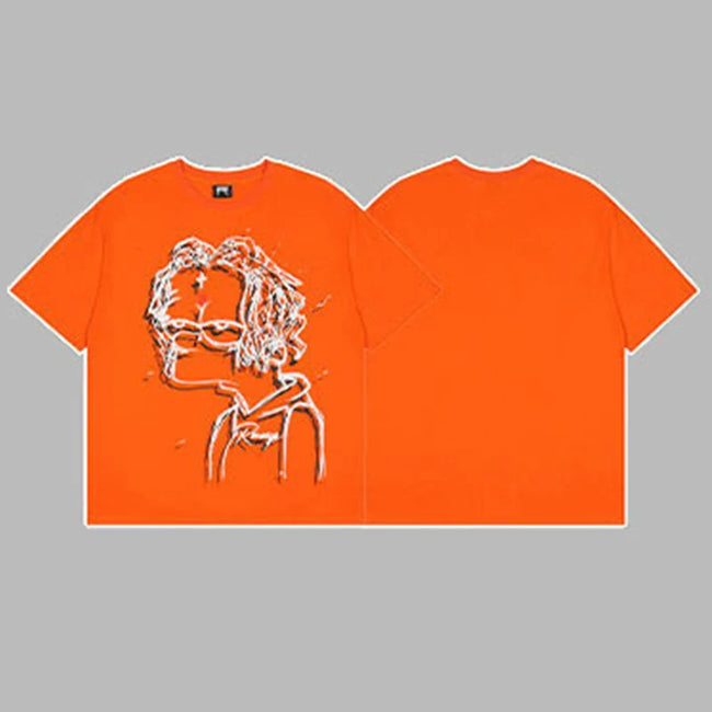 Revenge Outline Cartoon Portrait Graphic Short Sleeve T-Shirt Orange Hover Image