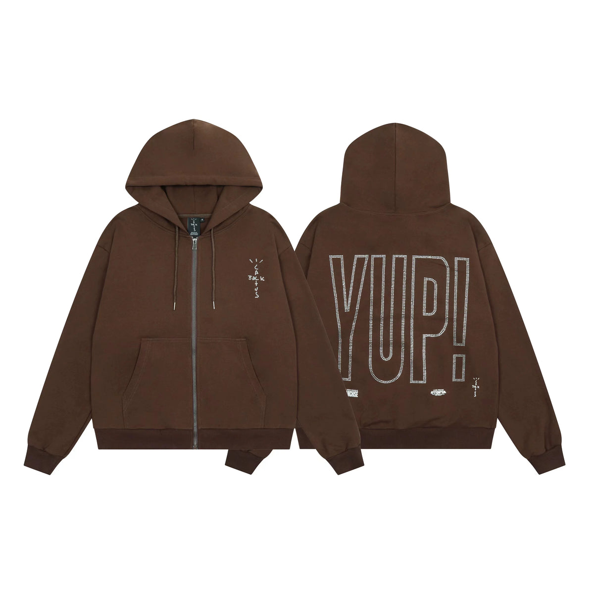 Streetwear "YUP!" Lettering Graphic Zip-Up Hoodie - Brown