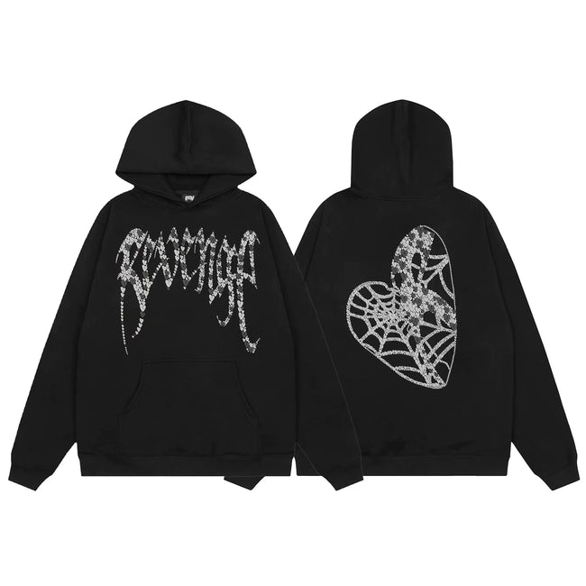 Revenge Rhinestone Spiderweb Heart Arch Logo Pullover Hoodie grey Hover Image