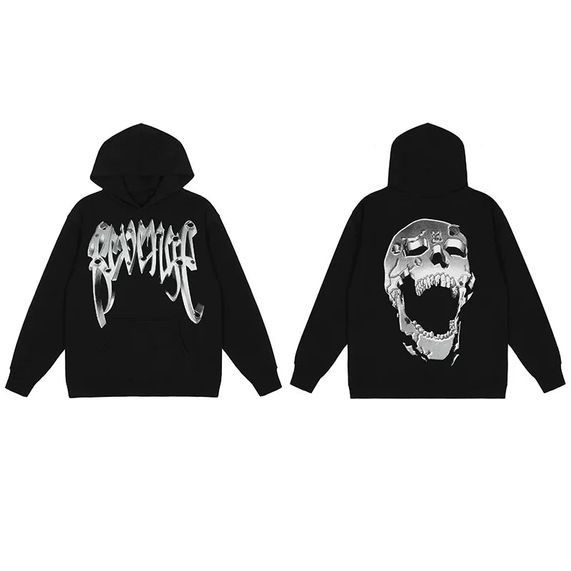 Revenge Metallic Silver 3D Screaming Skull Arch Logo Pullover Hoodie black