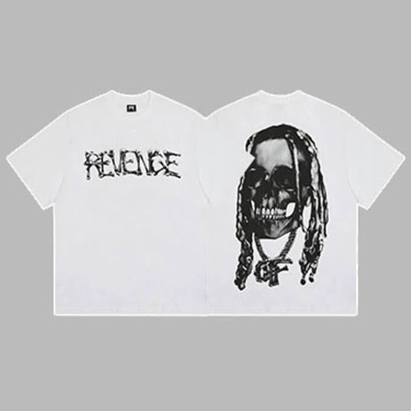 Revenge White Arch Logo & Dreadlocks Skull Graphic Short Sleeve T-Shirt White