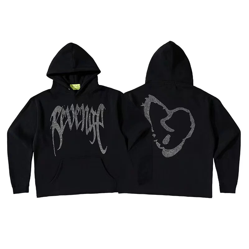 Revenge Rhinestone Broken Heart Arch Logo Pullover Hoodie grey