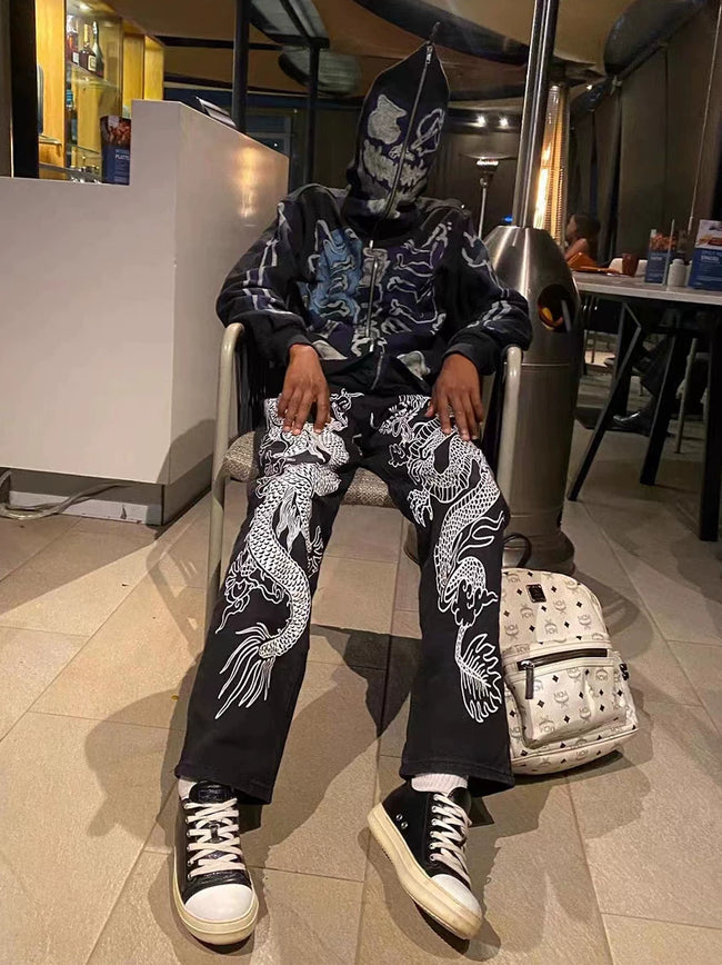 Streetwear Graphic Skeleton Full-Zip Hoodie - Black/Blue Main Image