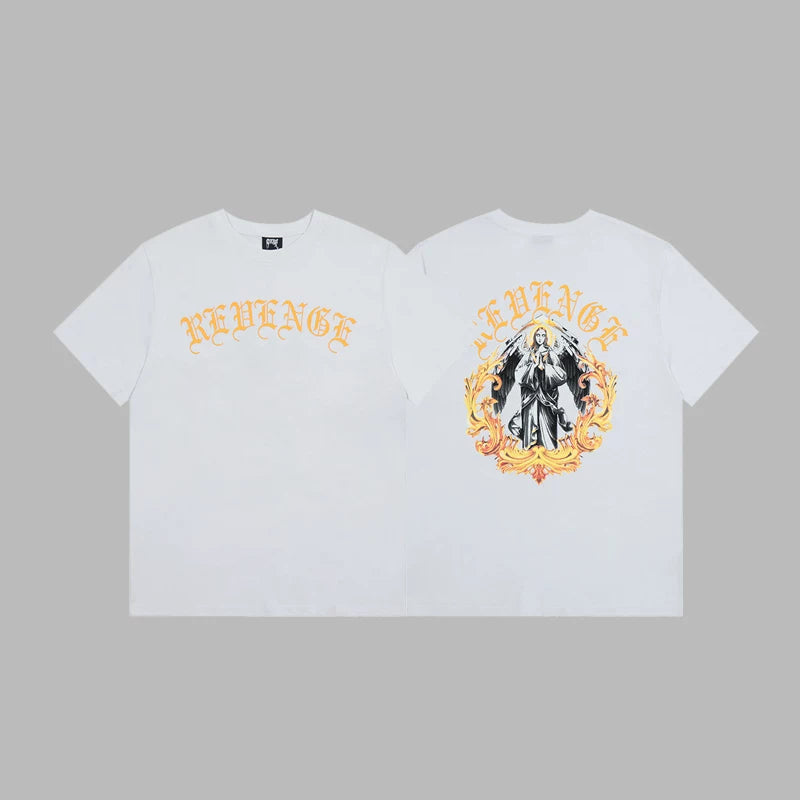 Revenge Yellow Arch Logo & Religious Angel Graphic Short Sleeve T-Shirt (White)