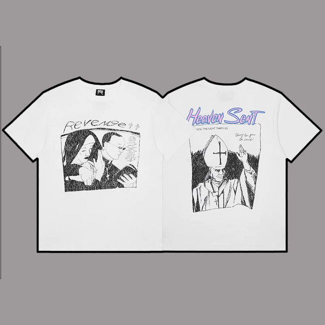 Revenge "Heaven Sent" Religious Graphic Short Sleeve T-Shirt (White) Hover Image