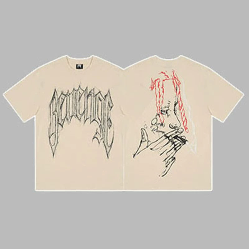Revenge Arch Logo & Hand Portrait Graphic Short Sleeve T-Shirt Beige