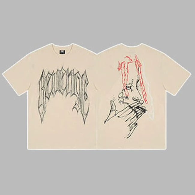 Revenge Arch Logo & Hand Portrait Graphic Short Sleeve T-Shirt Beige Hover Image