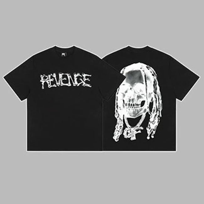 Revenge White Arch Logo & Dreadlocks Skull Graphic Short Sleeve T-Shirt Black Hover Image
