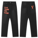 Vlone "Live Vlone Die Vlone" Graphic Denim Jeans - Dark Wash/Orange-Red