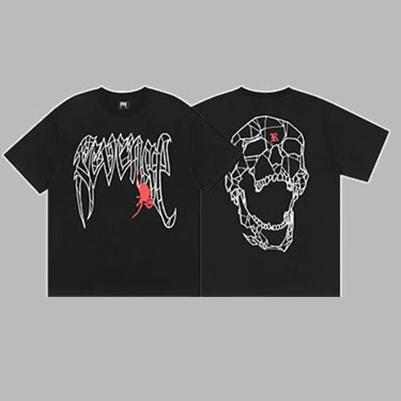 Revenge Arch Logo with Spider & Geometric Skull Graphic Short Sleeve T-Shirt Black