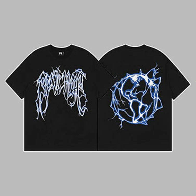 Revenge Arch Logo & Lightning Earth Graphic Short Sleeve T-Shirt (Black / Blue)
