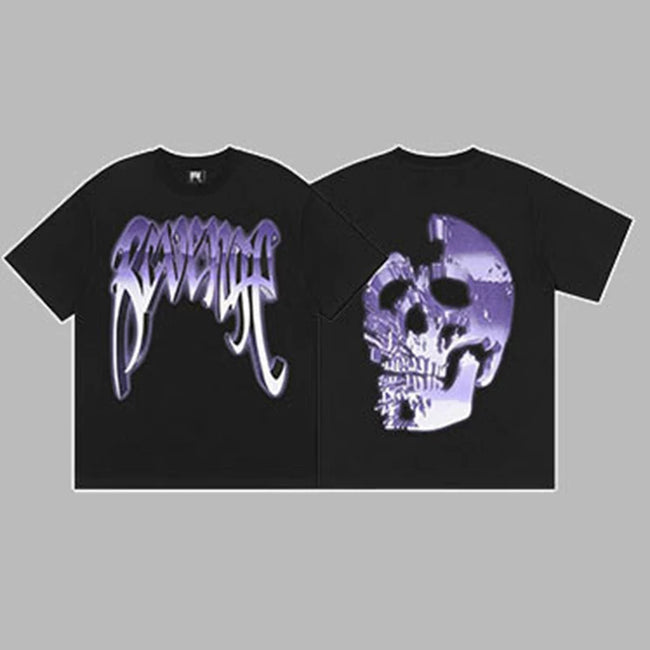 Revenge Purple & Silver Gradient Arch Logo & Broken Skull Graphic Short Sleeve T-Shirt Black Hover Image