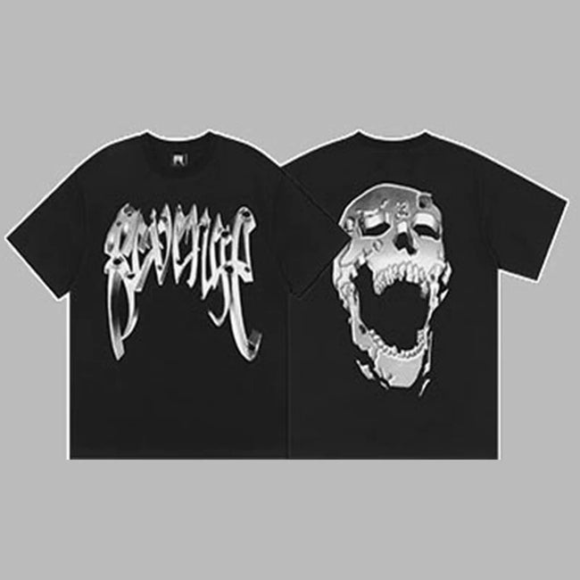 Revenge Silver Metallic Arch Logo & Skull Graphic Short Sleeve T-Shirt (Black) Hover Image