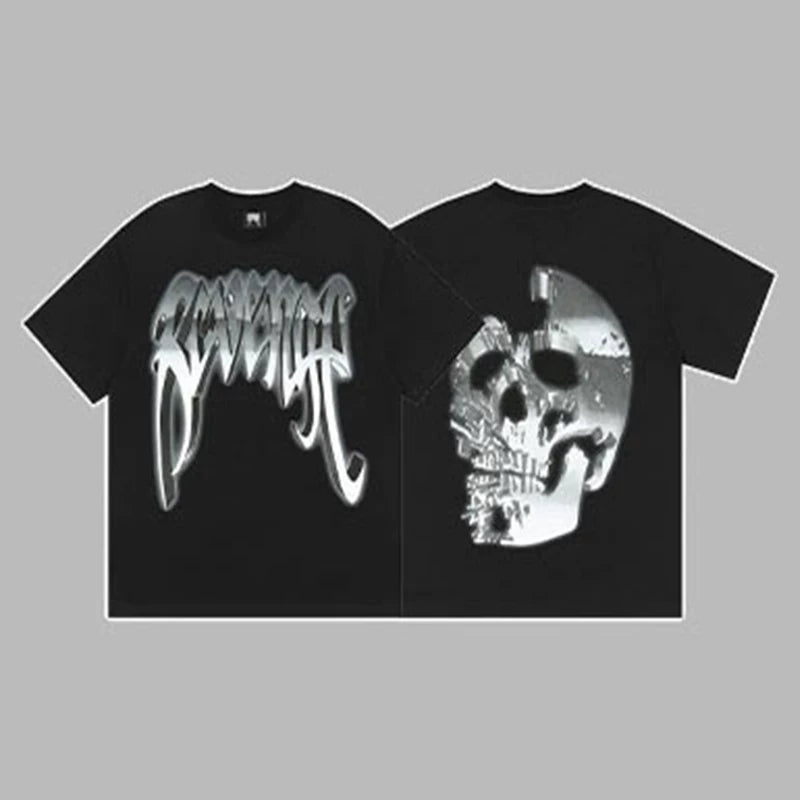 Revenge Silver Metallic Arch Logo & Skull Graphic Short Sleeve T-Shirt (Black)