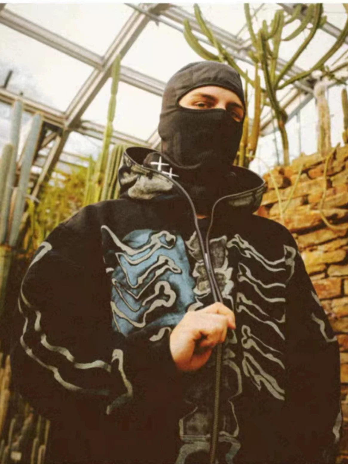 Streetwear Graphic Skeleton Full-Zip Hoodie - Black/Blue