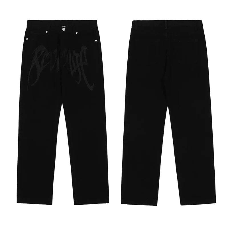 Revenge Subtle Black-on-Black Gothic Logo Denim Jeans