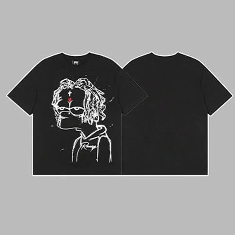 Revenge Outline Cartoon Portrait Graphic Short Sleeve T-Shirt Black