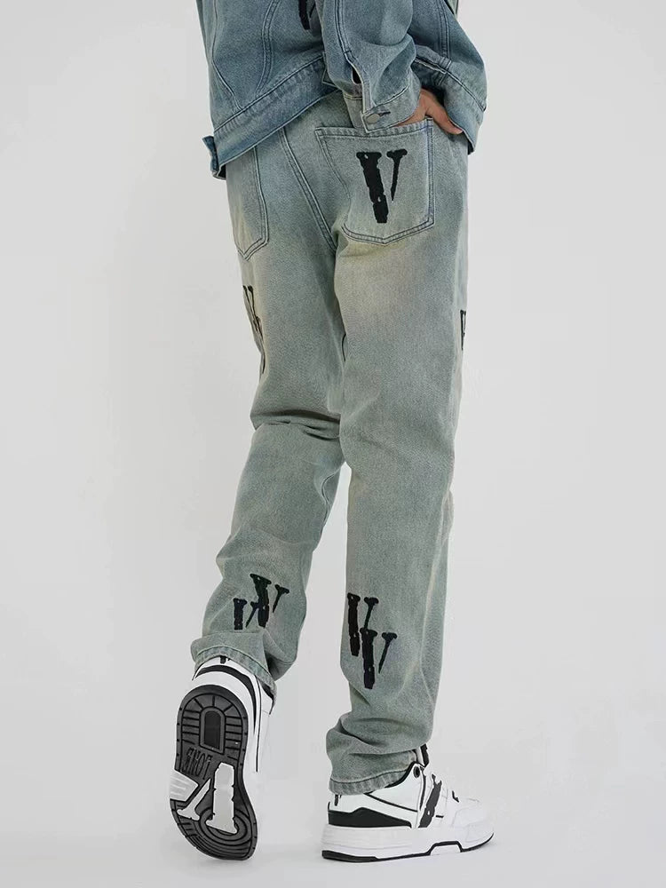 Vlone All-Over "V" Logo Graphic Denim Jeans - Light Wash/Black