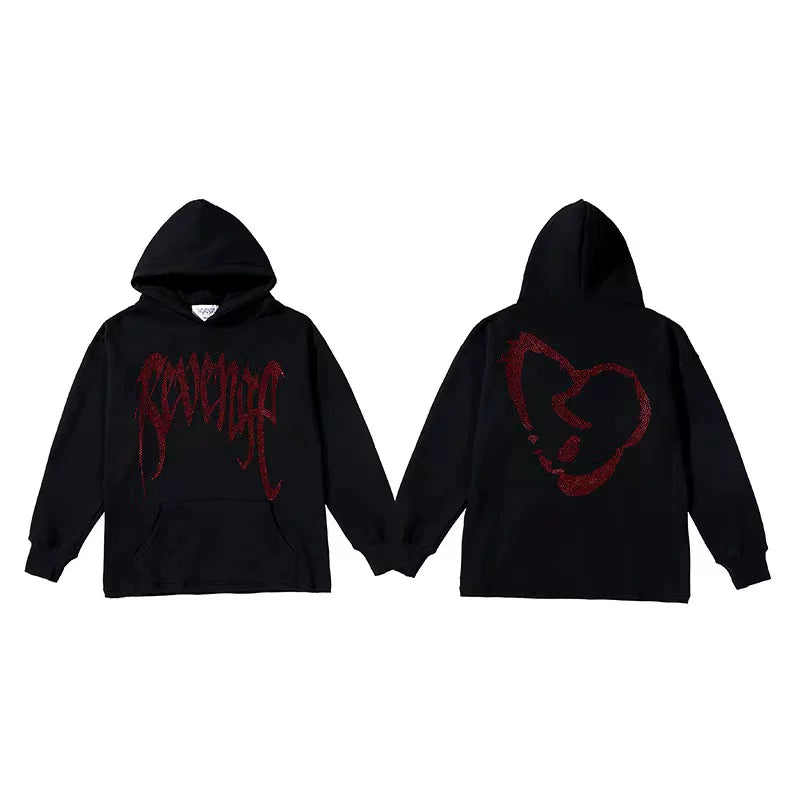 Revenge Rhinestone Broken Heart Arch Logo Pullover Hoodie red