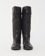 Gucci Black Leather Foldover Web Knee-High Boots -37