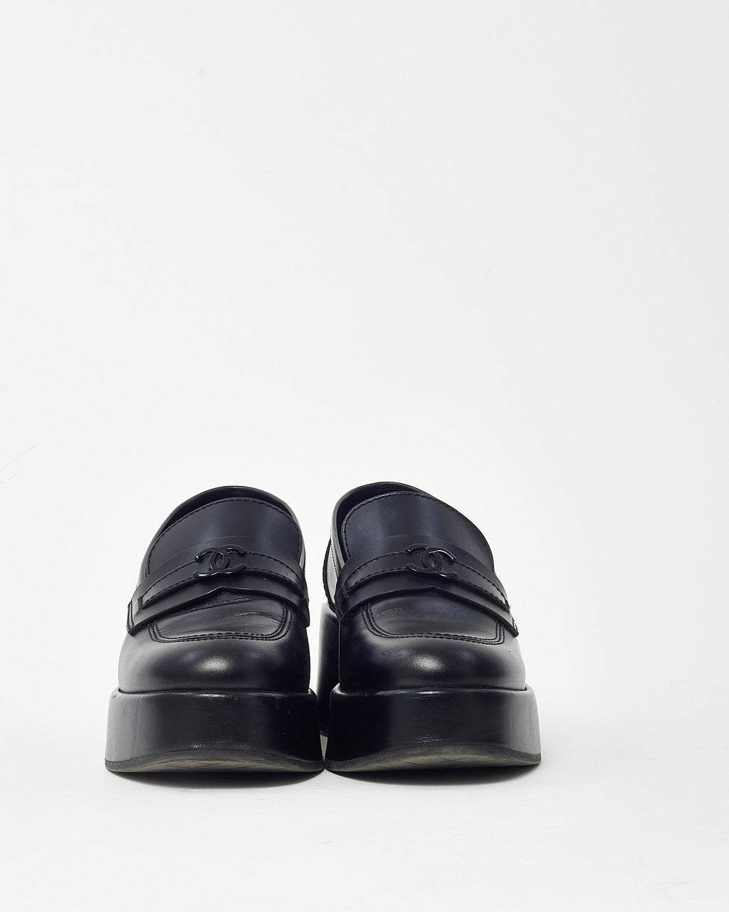 Chanel Black Calfskin Leather Black CC Coco Mark Platform Loafers - 38