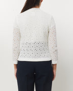 Chanel White Perforated Crochet Knit CC Logo Button Cardigan Sweater - 40