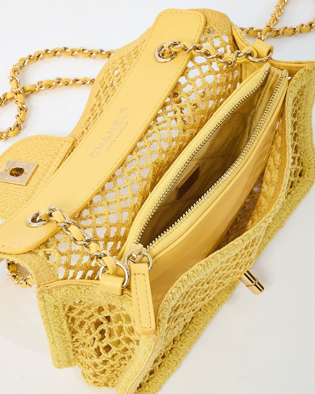 Chanel Coco Beach Yellow Mesh Macrame Small Flap Bag GHW