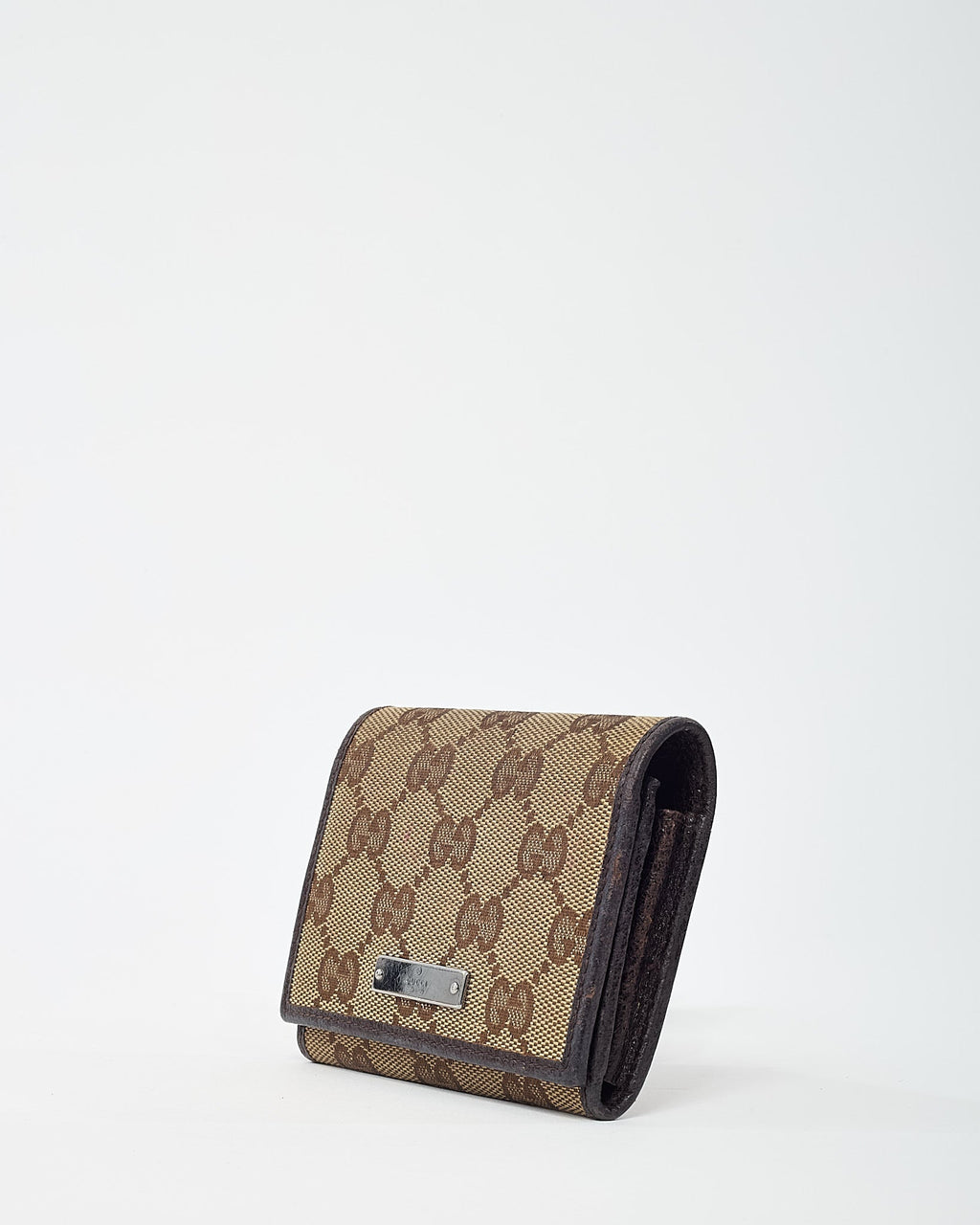 Gucci Dark Brown Leather and Beige and Brown GG Monogram Canvas Card Case Wallet