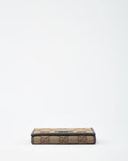 Gucci Dark Brown Leather and Beige and Brown GG Monogram Canvas Card Case Wallet