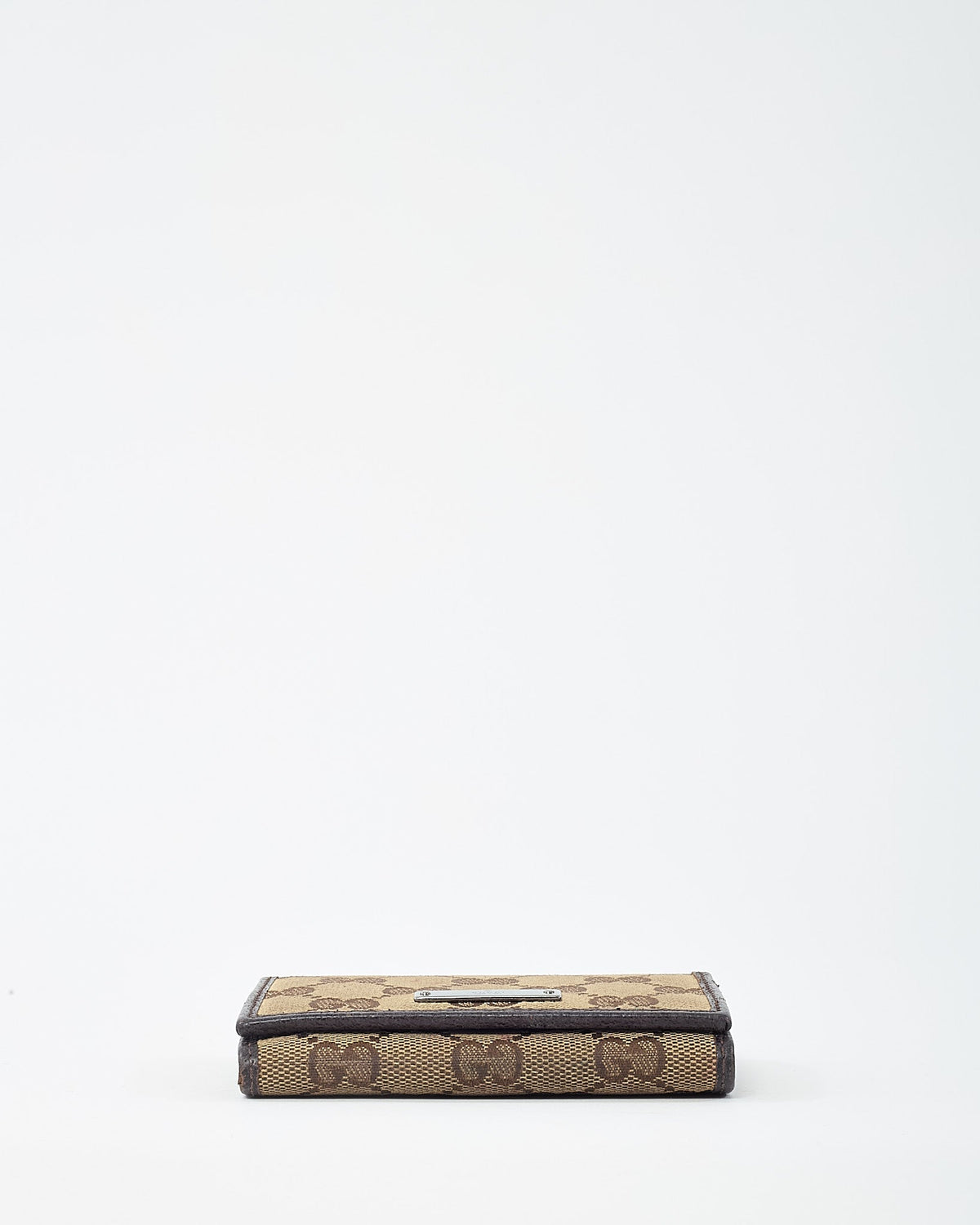 Gucci Dark Brown Leather and Beige and Brown GG Monogram Canvas Card Case Wallet