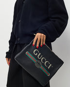 Gucci Black Leather Logo With Green & Red Web Portfolio Clutch