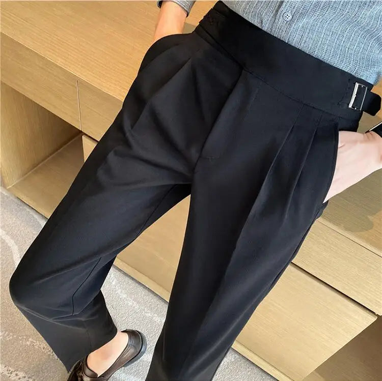 Men's High-Waisted Casual Dress Pants with Belt - Various Colors