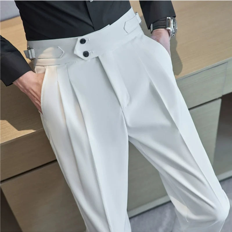 Men's High-Waisted Casual Dress Pants with Belt - Various Colors