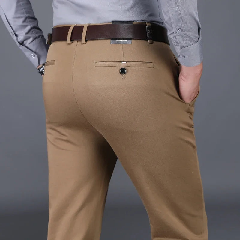 Classic Men's High-Waist Stretch Cotton Straight Trousers