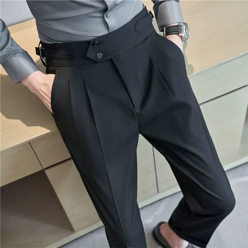 Men's High-Waisted Casual Dress Pants with Belt - Various Colors