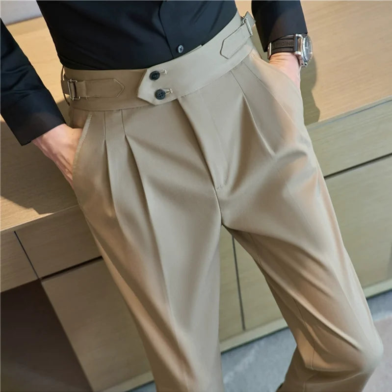 Men's High-Waisted Casual Dress Pants with Belt - Various Colors