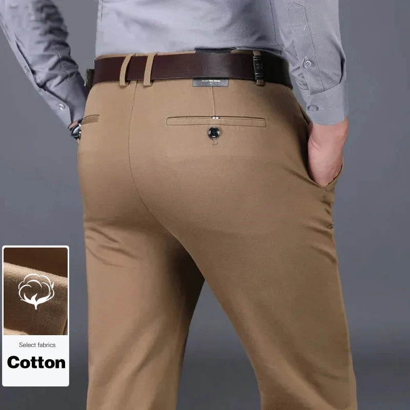 Classic Men's High-Waist Stretch Cotton Straight Trousers
